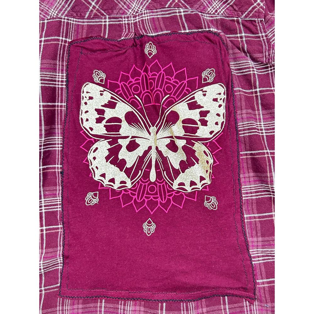 SONOMA Burgundy Wine Plaid Upcycled Butterfly Flannel Shirt Size Small - Picture 11 of 11